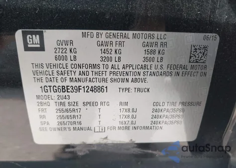 2015 GMC Canyon Sle из США, поврежденный, VIN 1GTG6BE39F1248861